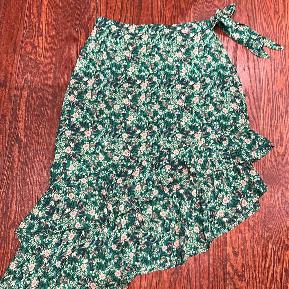 Lulus midi ruffle asymmetrical skirt with tie at waist